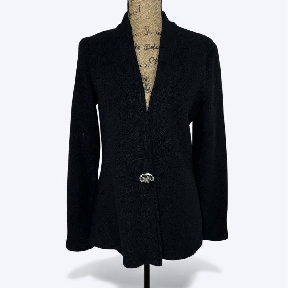 JM Collection Black Wool Cardigan Sweater Sz M Rhinestone Snap Minimalist Party